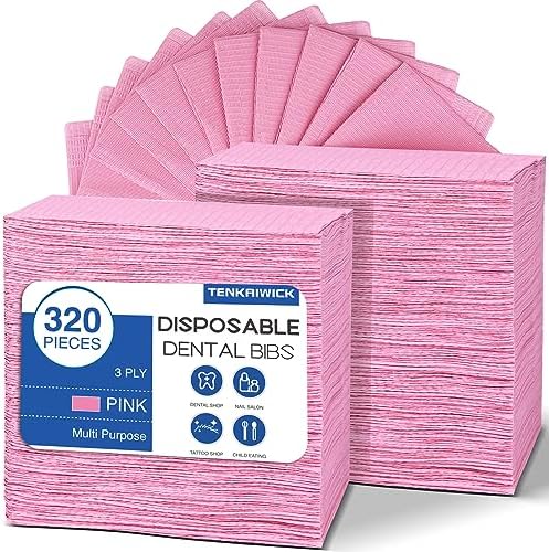 320 Pack Disposable Dental Bibs 13"x18", 3-Ply Waterproof Tattoo Bibs Sheet for Nail Salon, Dental Clinic, Feeding, Tattoo Shop (Pink) by TENKAIWICK