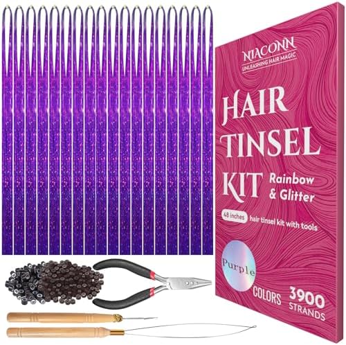NIACONN Glitter Hair Tinsel Extensions Kit Purple with Tools and Beads, 48 Inch Sparkly Fairy Colorful Tensile Strands Shiny Hair Accessories for Women Girls Kids by NIACONN