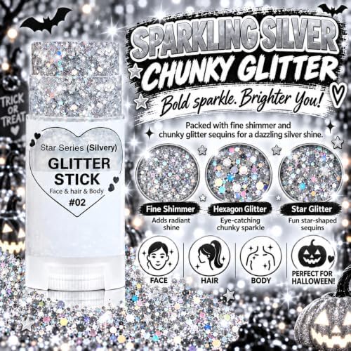 Silver Glitter Stick, Halloween Hair Face Body Glitter Makeup for Women, School Spirit Week Game Day Cheer Football Accessories, Chunky Shimmer Sequins for Rave Concert Festival, Waterproof, 0.56 oz - Image 3