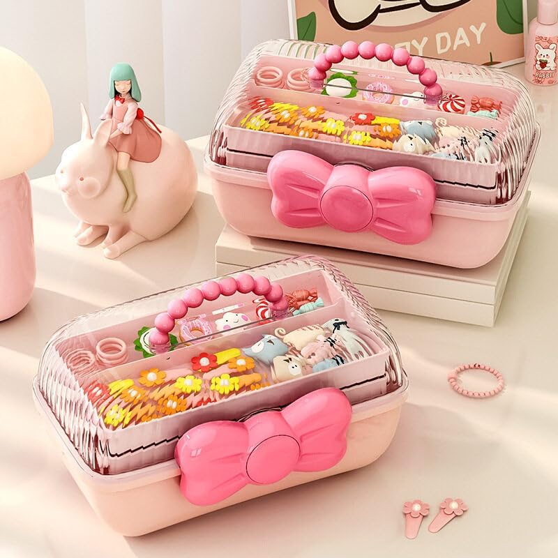 Cute Hair Accessories Organizer 3-Layers Kids Jewelry Storage Box Plastic Hair Accessories holder for Girls (Pink, 10.8 x 5.7 x 5.9 Inch) - Image 2