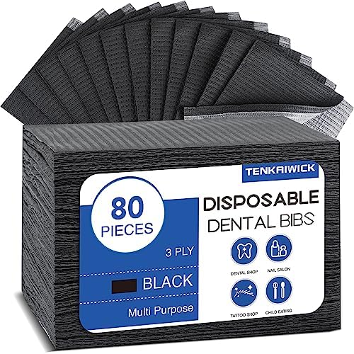 80 Pack Disposable Dental Bibs 13"x18", 3-Ply Waterproof Tattoo Bibs Sheet for Nail Salon, Dental Clinic, Feeding, Tattoo Shop (Black) by TENKAIWICK