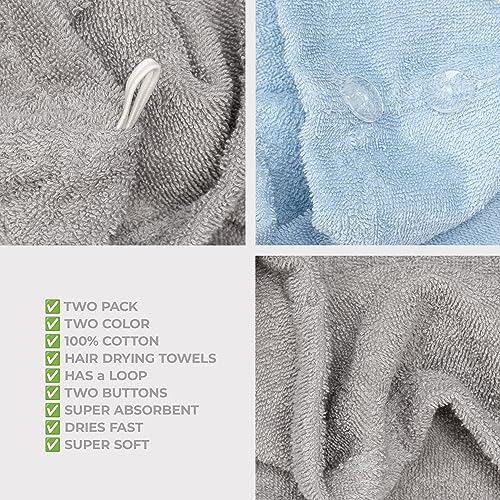 American Soft Linen 100% Cotton Hair Towels for Women, Head Towel Cap, Cotton Hair Turban Towel Wrap, Soft and Absorbent 2 Pack, Light Gray-Sky Blue - Image 6