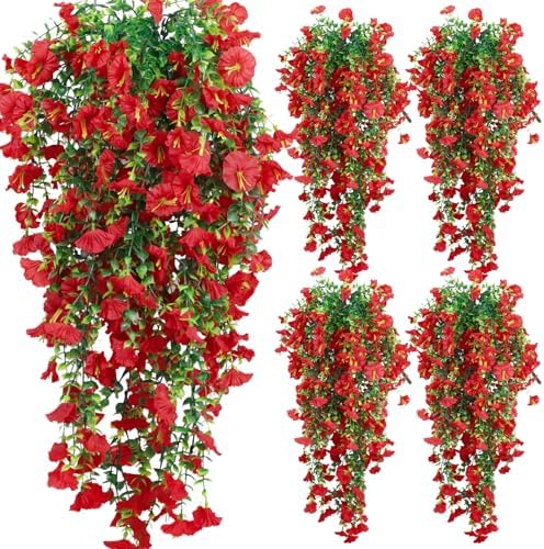 4-Pack Fake Hanging Plants, Faux Hanging Plant Artificial Greenery for Living Room Bedroom Boho Wall Shelf Indoor Outdoor Decor (Red Morning Glory) by Unknown