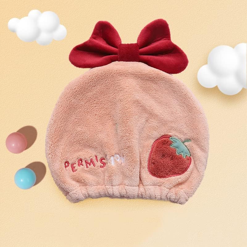 Hair Drying Towel for Kids Girls, Cute Cartoon Absorbent Quick Drying Bath Wrap Set for Bathing, Swimming Pool, Soft Microfiber Cap for Curly Long & Wet Hair, Pink Strawberry - Image 2