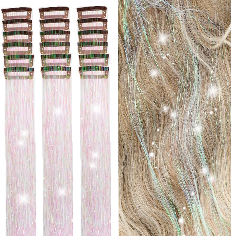 ZYXQZYX Hair Tinsel Kit Pack of 18 Pcs Hair Tinsel Clip in 19.6Inch Glitter Tinsel Hair Extensions Heat Resistant Clip in Hair Tinsel Sparkle Fairy Hair Accessories for Kids Girls Women (White Pink) by ZYXQZYX