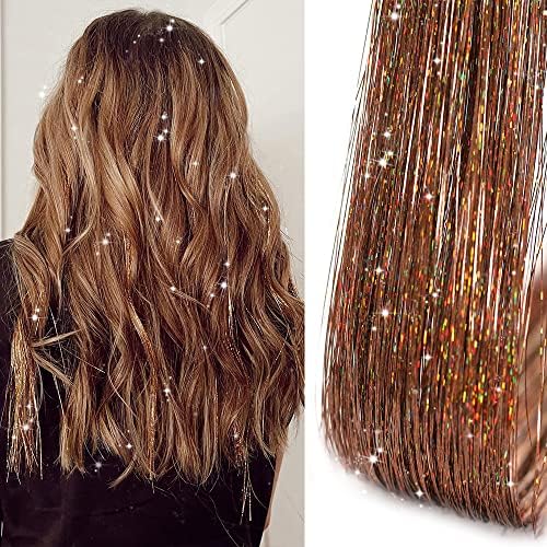 Clip in Hair Tinsel, Pack of 12Pcs,20 Inch Glitter Tinsel Hair Extensions, Festival Tinsel Fairy Hair Extension Party Dazzle Hair Accessories Strands Kit for Women Girls (12Pcs,Champagne#) - Image 2