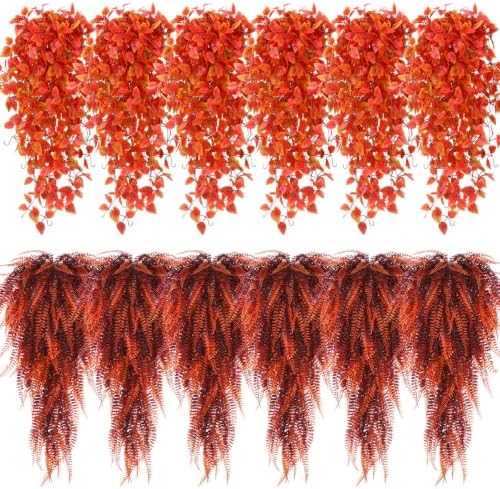 Daifunli 12 Pcs Artificial Fall Hanging Plants Fake Hanging Ferns Plastic Autumn Faux Plants for Wall Room Garden Garland Indoor Outdoor Decor No Basket by Huiinen