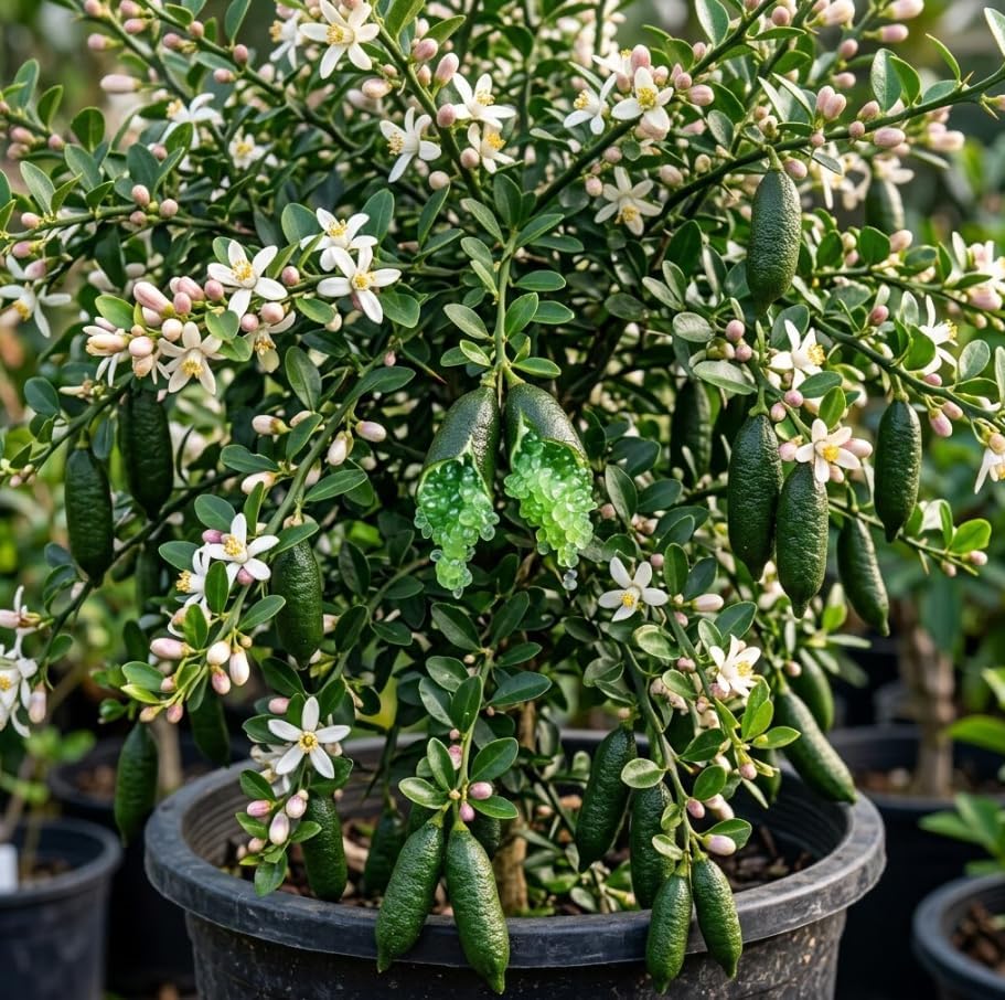 Finger Lime Live Plant 3-4 Inch Tall, Rare Caviar Lime Tree, Green Finger Lime, Pink Blossoms, Ornamental Fruit Tree by Unknown