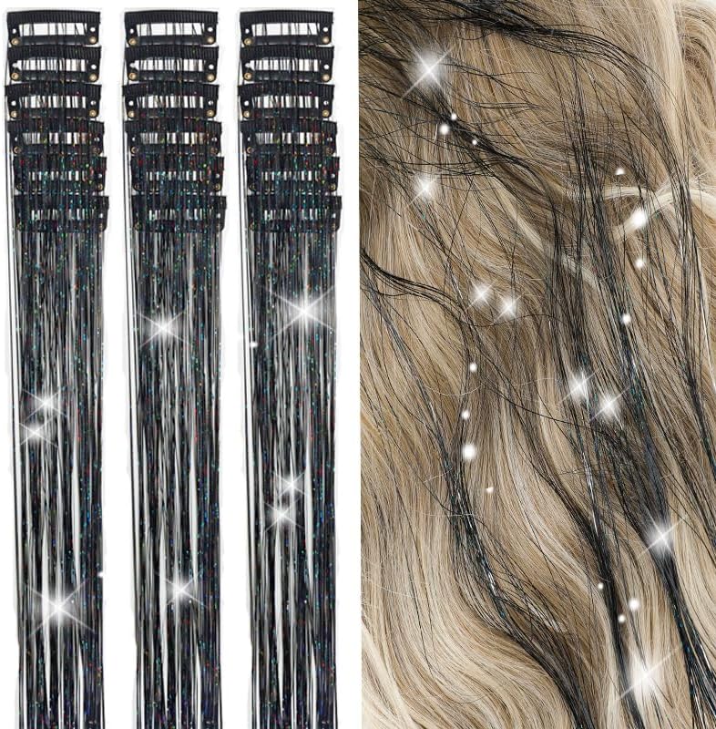 ZYXQZYX Hair Tinsel Kit Pack of 18 Pcs Hair Tinsel Clip in 19.6Inch Glitter Tinsel Hair Extensions Heat Resistant Clip in Hair Tinsel Sparkle Fairy Hair Accessories for Kids Girls Women (Black) by ZYXQZYX