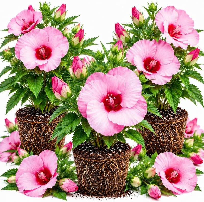 3 Hardy Hibiscus Live Plants, Flowering Shrub, Pink Blooms, 4-7" by Unknown