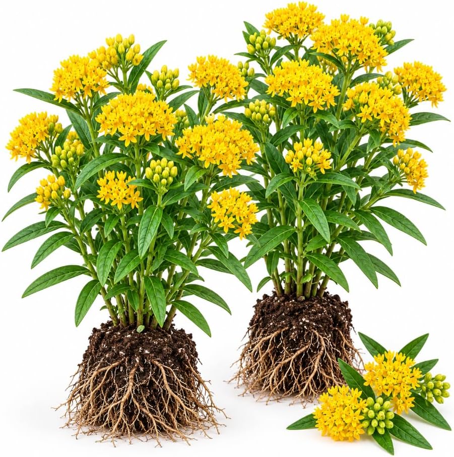 2 Pack Yellow Milkweed Asclepias Live Plants, 4-6 Inches Tall, Perennial Butterfly Milkweed Flowering Plants for Garden Beds and Containers by Unknown