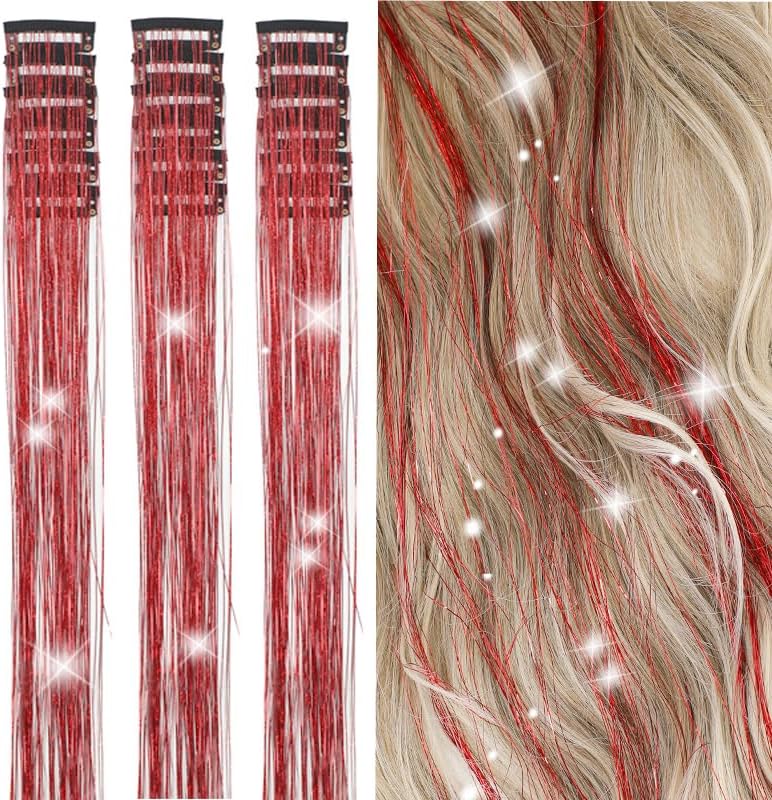 ZYXQZYX Hair Tinsel Kit Pack of 18 Pcs Hair Tinsel Clip in 19.6Inch Glitter Tinsel Hair Extensions Heat Resistant Clip in Hair Tinsel Sparkle Fairy Hair Accessories for Kids Girls Women (Red) by ZYXQZYX