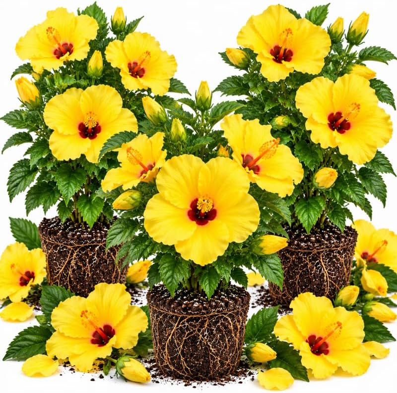 3 Hardy Hibiscus Live Plants, Flowering Shrub, Yellow Blooms, 4-7" by Unknown