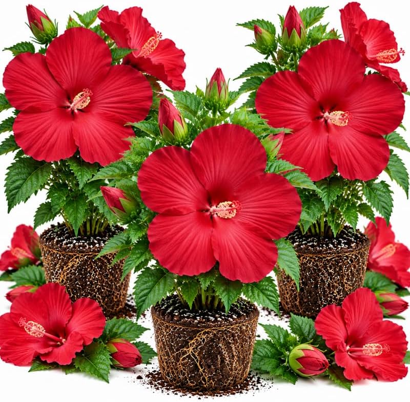 3 Hardy Hibiscus Live Plants, Flowering Shrub, Deep Red Blooms, 4-7" by Unknown
