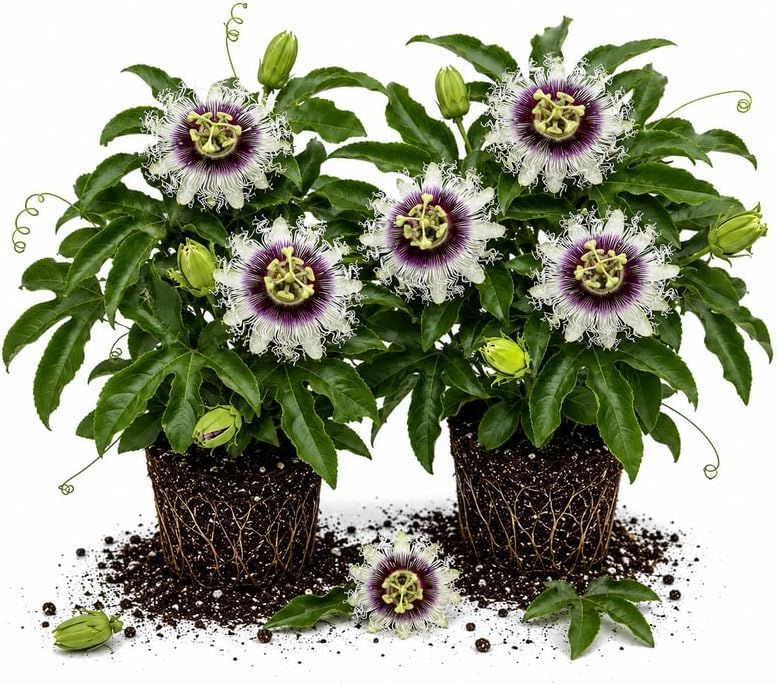 2 White Purple Passiflora Plants, Colorful Passion Flower Vines, 4-7'' Tall by UIOTER