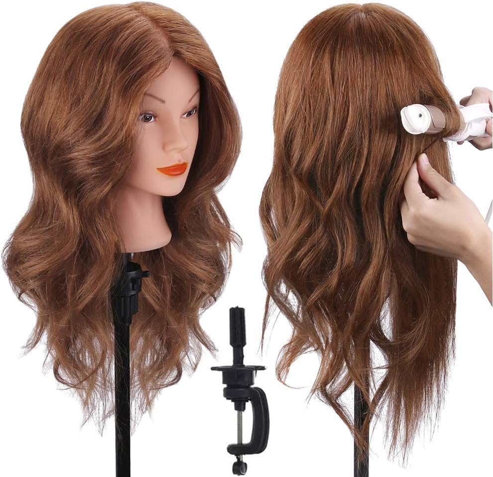 Mannequin Head with 100% Human Hair, TopDirect Real Hair Cosmetology Mannequin Head Hair Styling Hairdressing Practice Training Doll Head with Clamp Holder and Tools (Dark Brown) by TopDirect