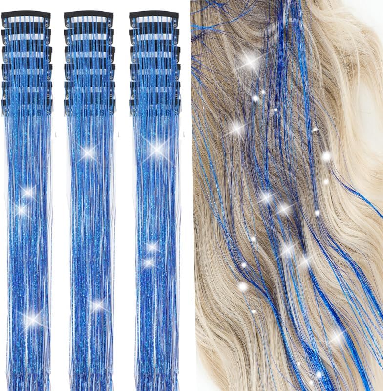 ZYXQZYX Hair Tinsel Kit Pack of 18 Pcs Hair Tinsel Clip in 19.6Inch Glitter Tinsel Hair Extensions Heat Resistant Clip in Hair Tinsel Sparkle Fairy Hair Accessories for Kids Girls Women (Blue) by ZYXQZYX