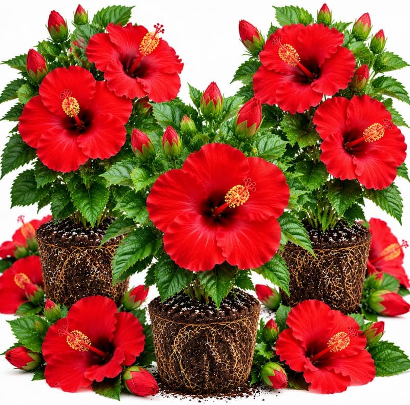 3 Hardy Hibiscus Live Plants, Flowering Shrub, Red Blooms, 4-7" by Unknown