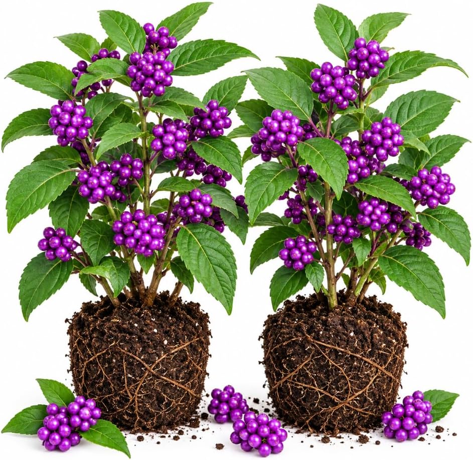 Set 2 Live American Beautyberry Bush Plants 4-8 Inch Tall, Vibrant Purple Berries Shrub, Berry Bush for Garden, No Ship Pot by Unknown