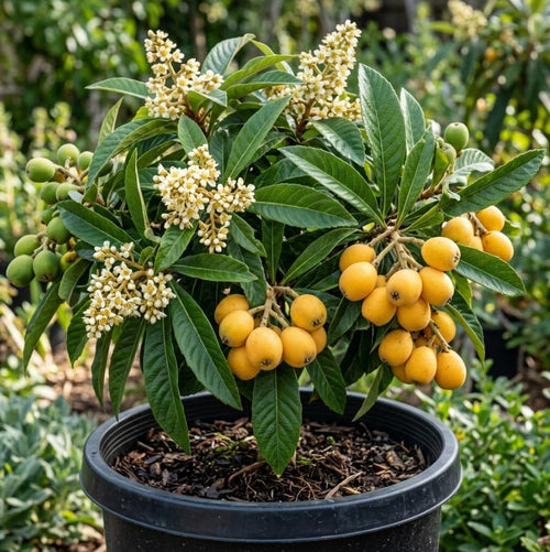 1 Potted Golden Loquat Tree Live Plant Sweet Loquats Plant Yellow Plum Tree White Flowers 5-12 Inch Tall in 4 Inch Pot, No Ship CA by MocNursery