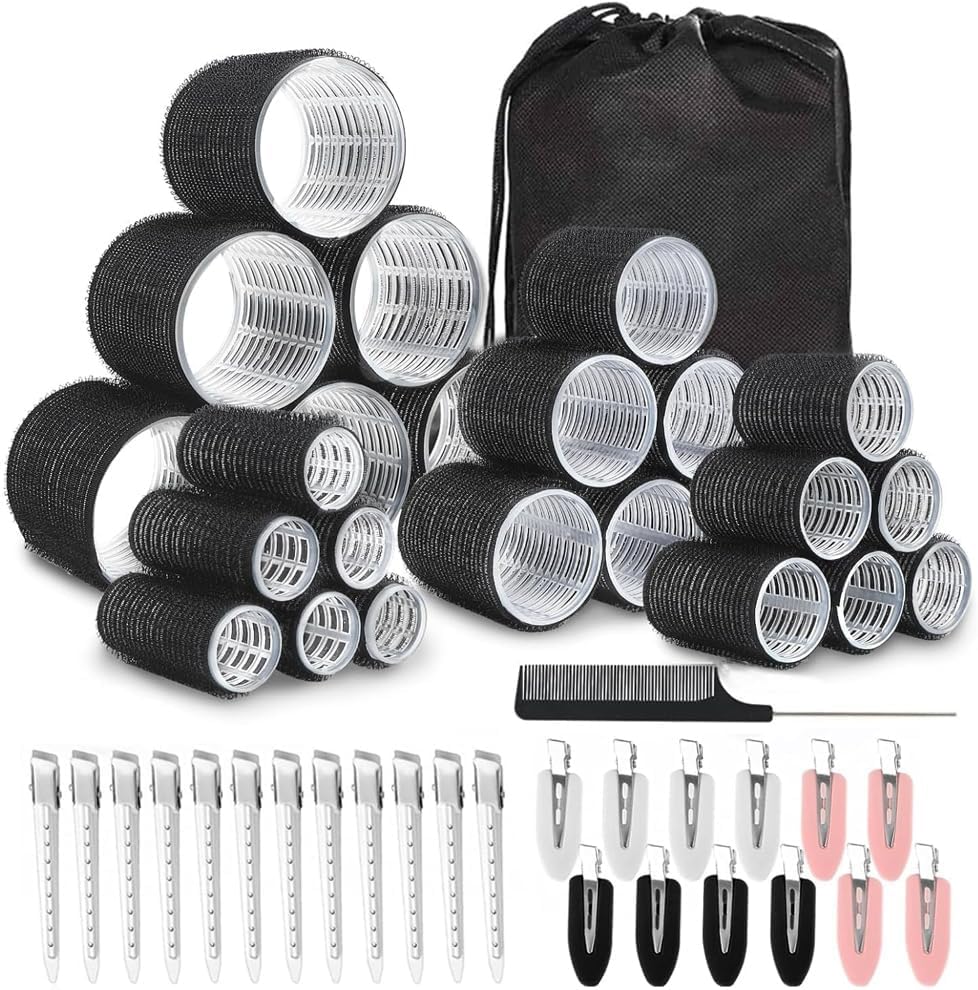 50pcs Hair Rollers with Clips Jumbo Large Medium Small Self Grip Rollers for Big Curlers Roller for Long Medium Short Hair DIY Hairdressing (Black-2, 50Pcs) by EMOOING